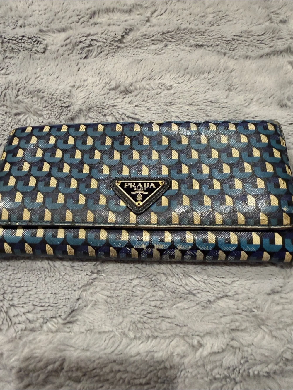 Prada Blue Geometric Print Leather Clutch Wallet